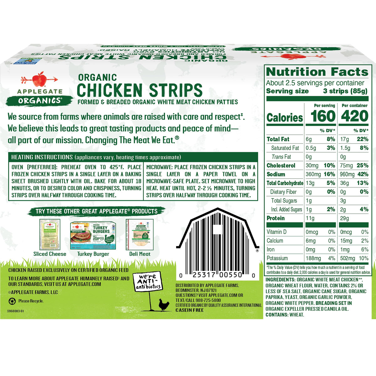 Applegate Farms, Chicken Strips Organic Frozen, 8 Ounce