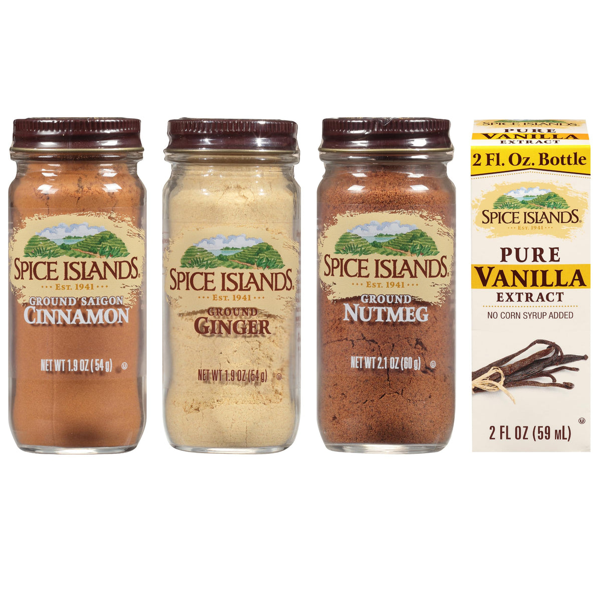 Spice Islands Essential Baking Spice Set with Ground Ginger, Cinnamon, Nutmeg, and Pure Vanilla