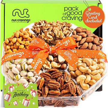 Happy Birthday Nuts Gift Basket With Happy Birthday Ribbon (7 Assortments) Gourmet Food Bouquet Platter, Bday Care Package Varie