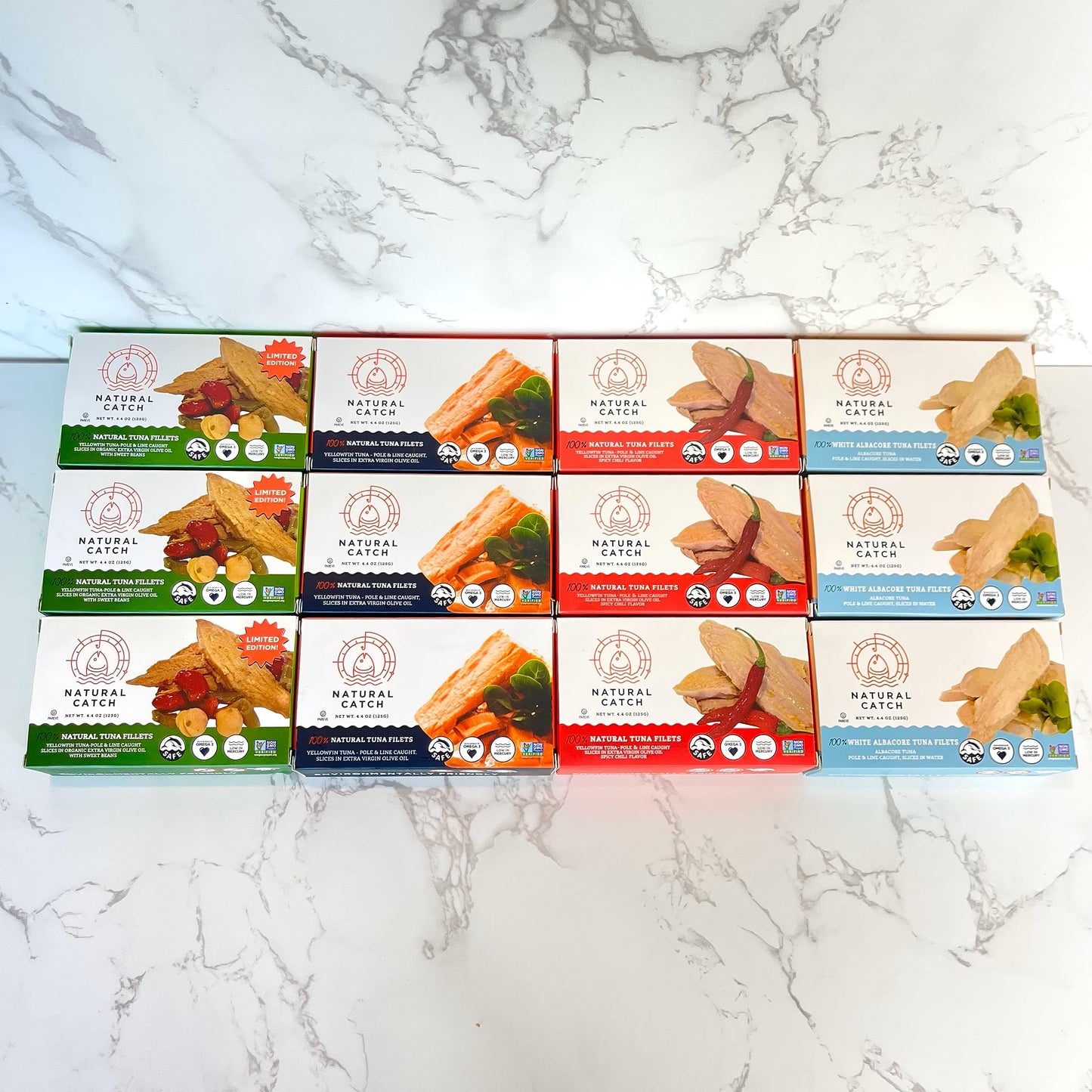 Natural Catch Tuna Filets Variety Pack  Hand Cut  Pole & Line Caught  130 Calories Gluten-Free  Paleo  Keto Friendly  enhanced Yellowfin & Albacore Tuna in Extra Virgin Olive Oil (4.4 oz per can- Pack of 12) (Variety)