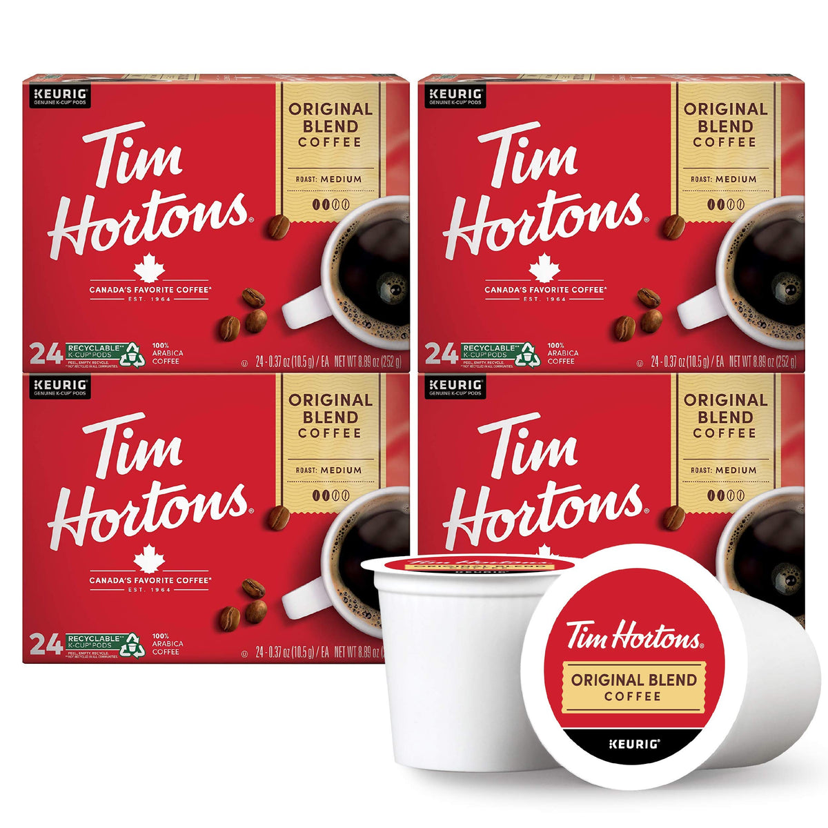 Tim Hortons Original Blend Medium Roast Coffee K-Cup Pods, 96 Count, Compatible with Keurig Brewers, Red