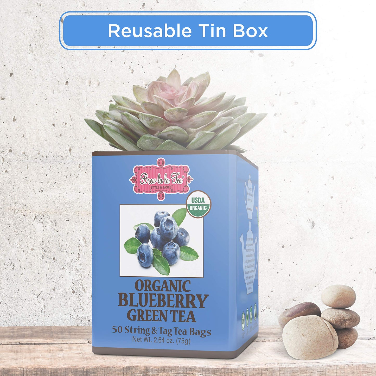 Brew La La Organic Green Tea - Natural Blueberry Flavor - 50 Double Chambered Bags - Low Caffeine - Blueberry Green