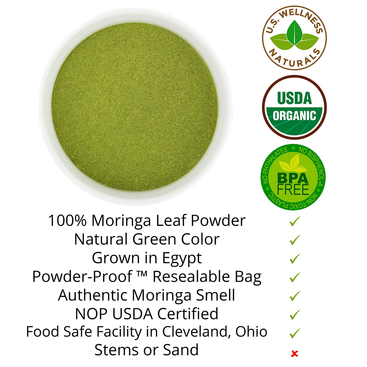 U.S. Wellness Naturals Moringa Powder 100% Organic Oleifera Leaf 1LB - Pure Leaf, Resealable Bag