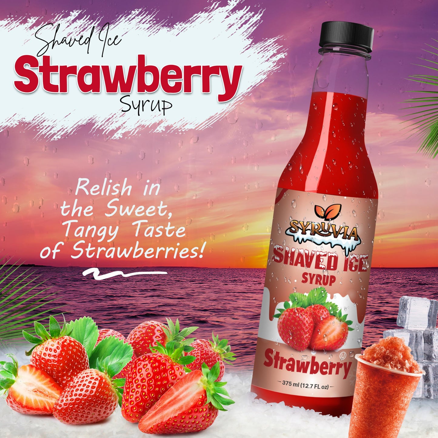 Syruvia Snow Cone Syrup 12.7oz - Strawberry Syrup For Shaved Ice  Snow Cones  Slushies  Italian Soda  Popsicles. Kosher  Dairy Free