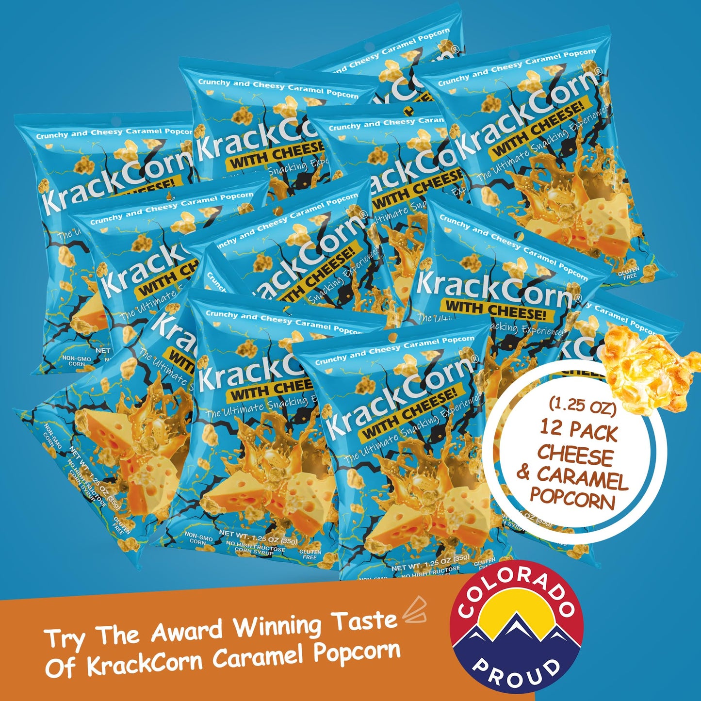 Krackcorn Cheddar Cheese Popcorn - Gluten-Free, Non-Gmo Cheddar And Caramel Popcorn, Sweet And Salty Corn Gourmet Snack - Delicious Treat For Family Parties, Movie Nights - 1.25 Ounce (Pack Of 12)