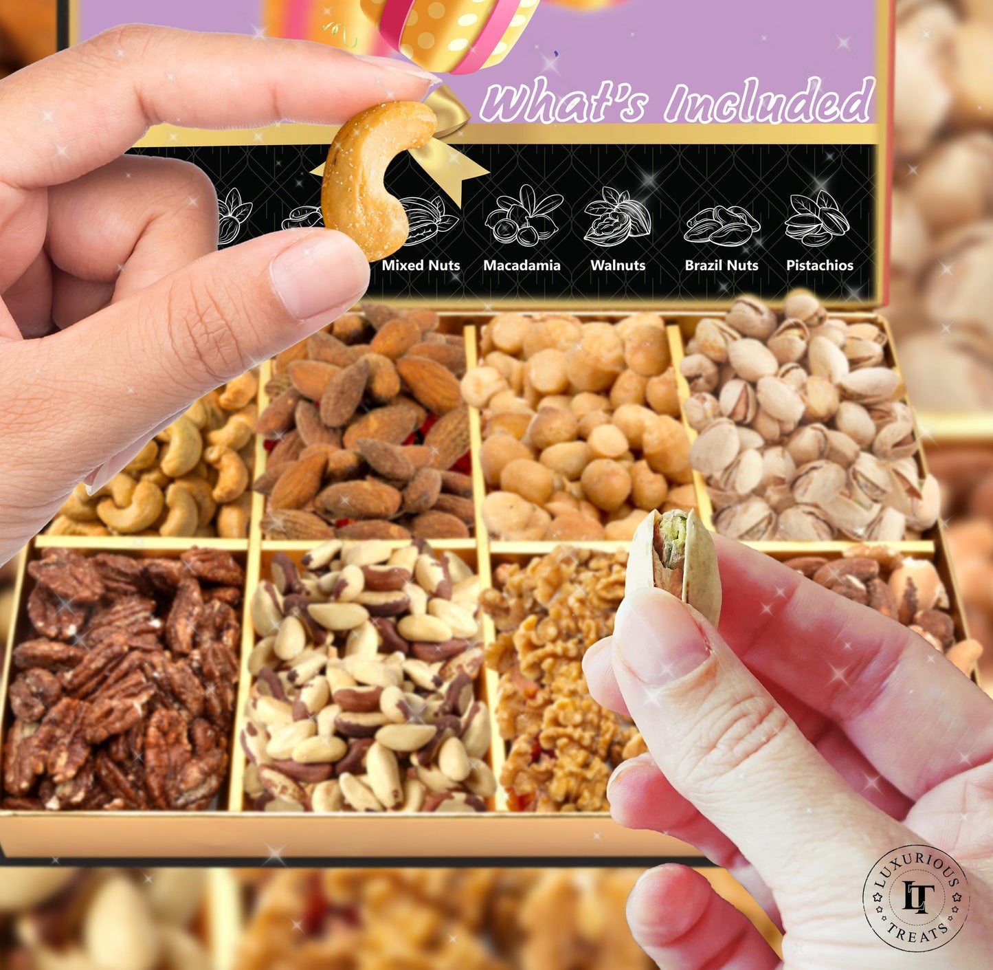 Luxurious Treats Nuts Gift Basket, Gift Nut Gifts Gourmet Collection Box Mixed Cravings Platter Tray Sampler Assortment Mix For