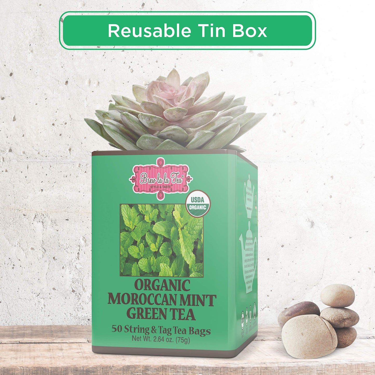 Brew La La Organic Green Tea - Moroccan Mint - 50 Count - Low Caffeine Gourmet Tea