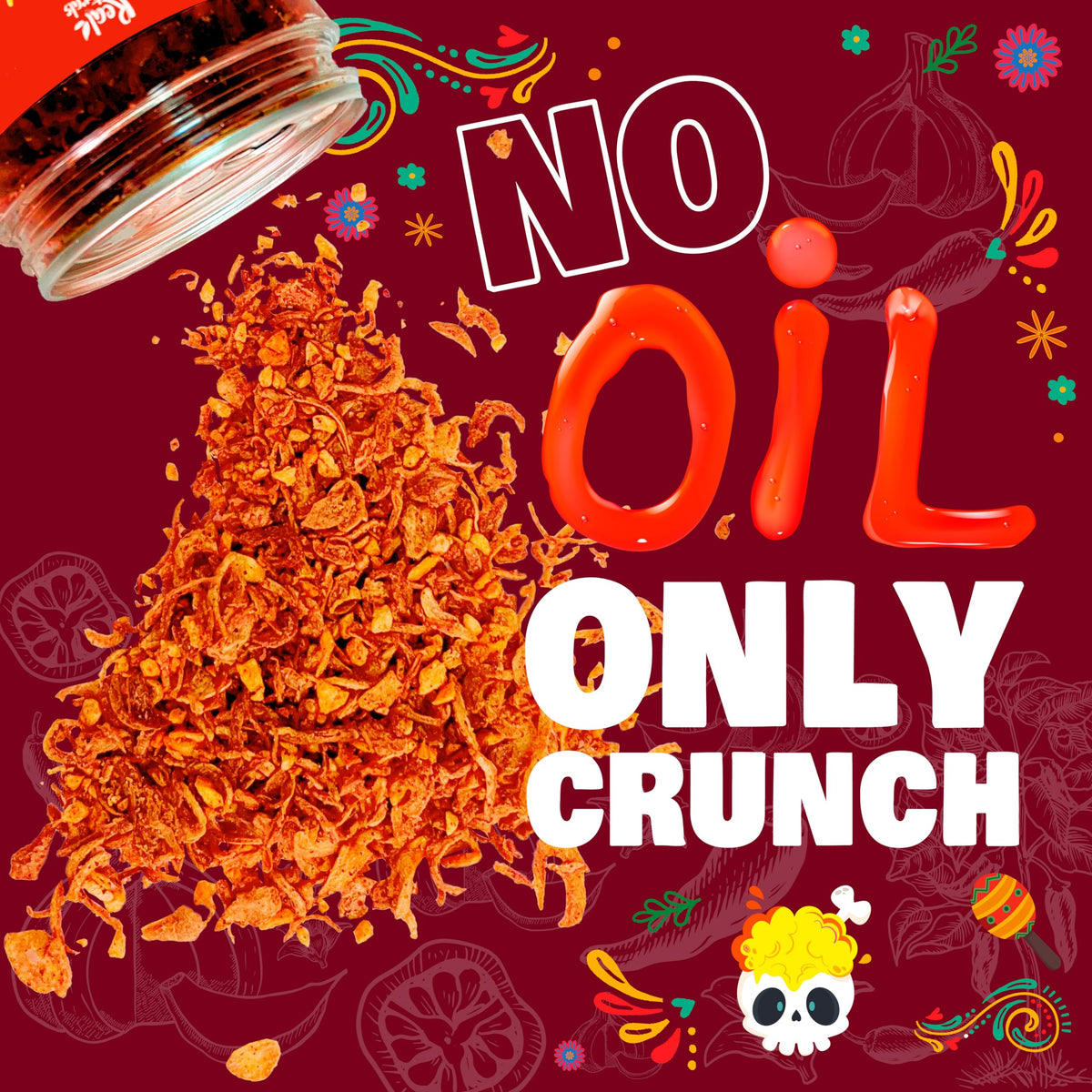 Chili Crisp No-Floating Oil (3 Bottles Medium Hot) Spicy Chilli Crisp Crunch. Crispy Garlic & Onion ''No-Oil'' Chili Oil Crisp B