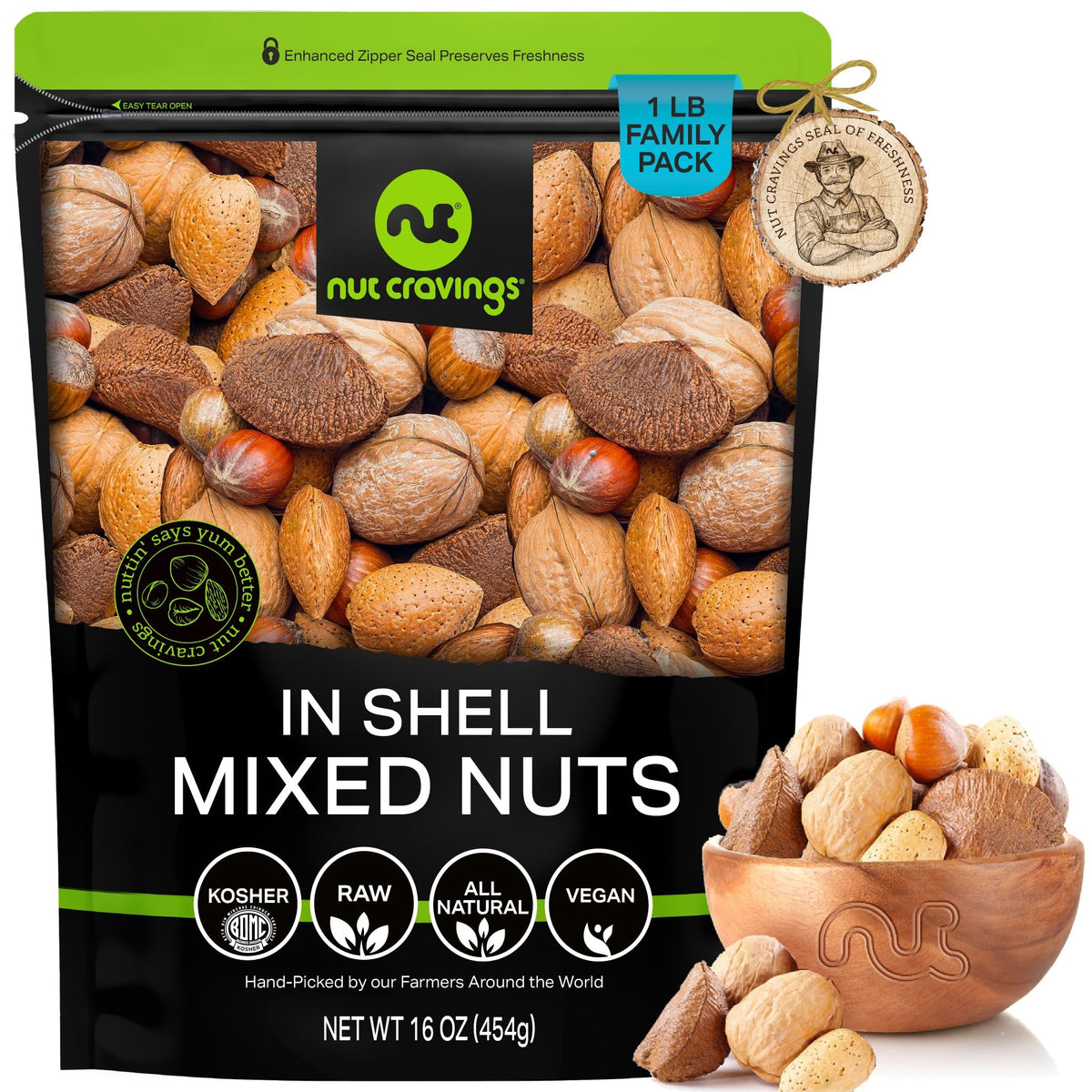 Nut Cravings Mixed Nuts in Shell - Brazil, Walnuts, Filberts, Almonds, Pecans, 16oz Resealable Bag, Healthy Snack
