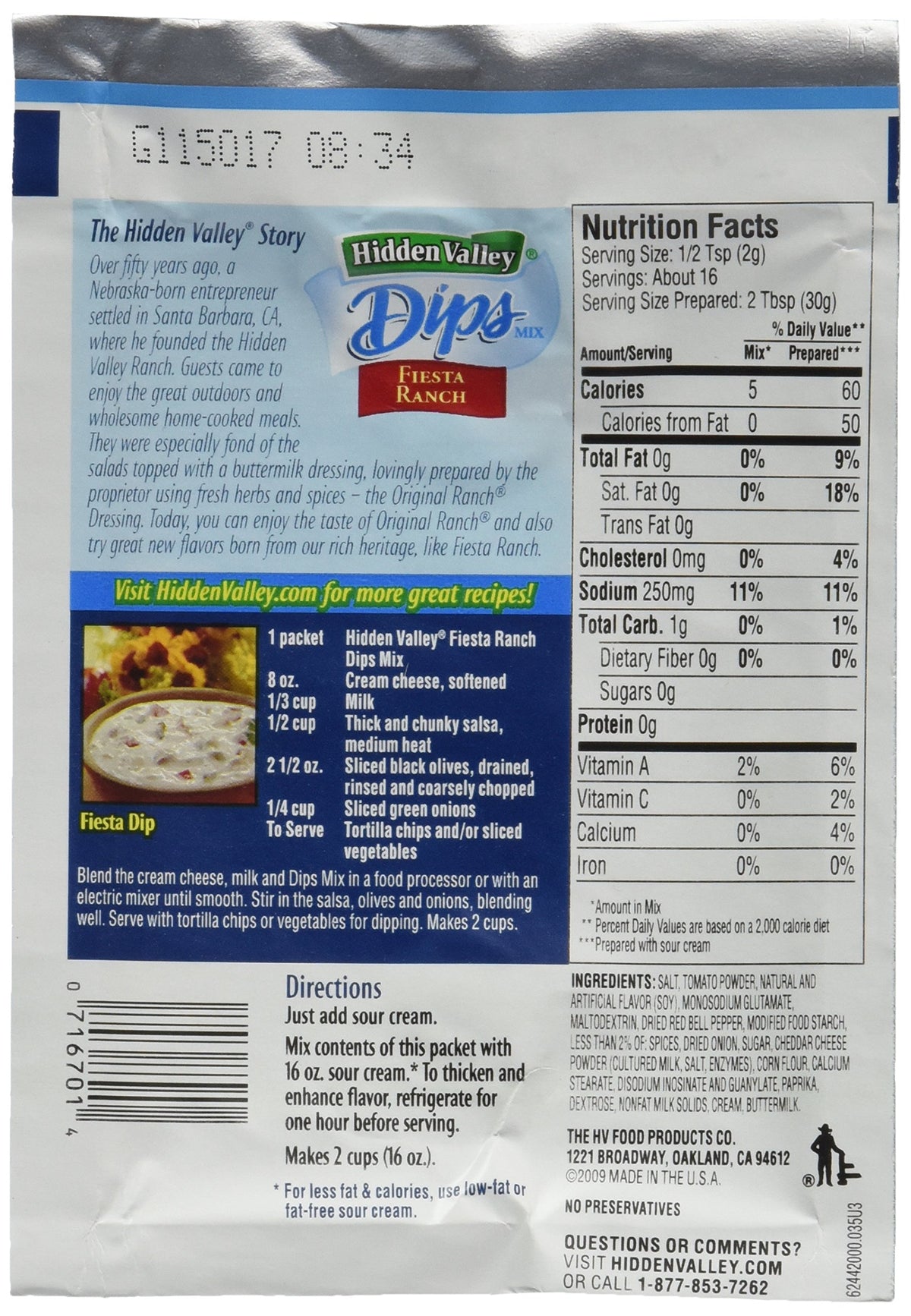 Hidden Valley Fiesta Ranch Dips Mix, Gluten Free -Pack of 24