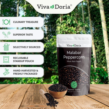 Viva Doria Malabar Peppercorn, Whole Black Pepper, Black Peppercorns For Grinder Refill (6 Ounce)
