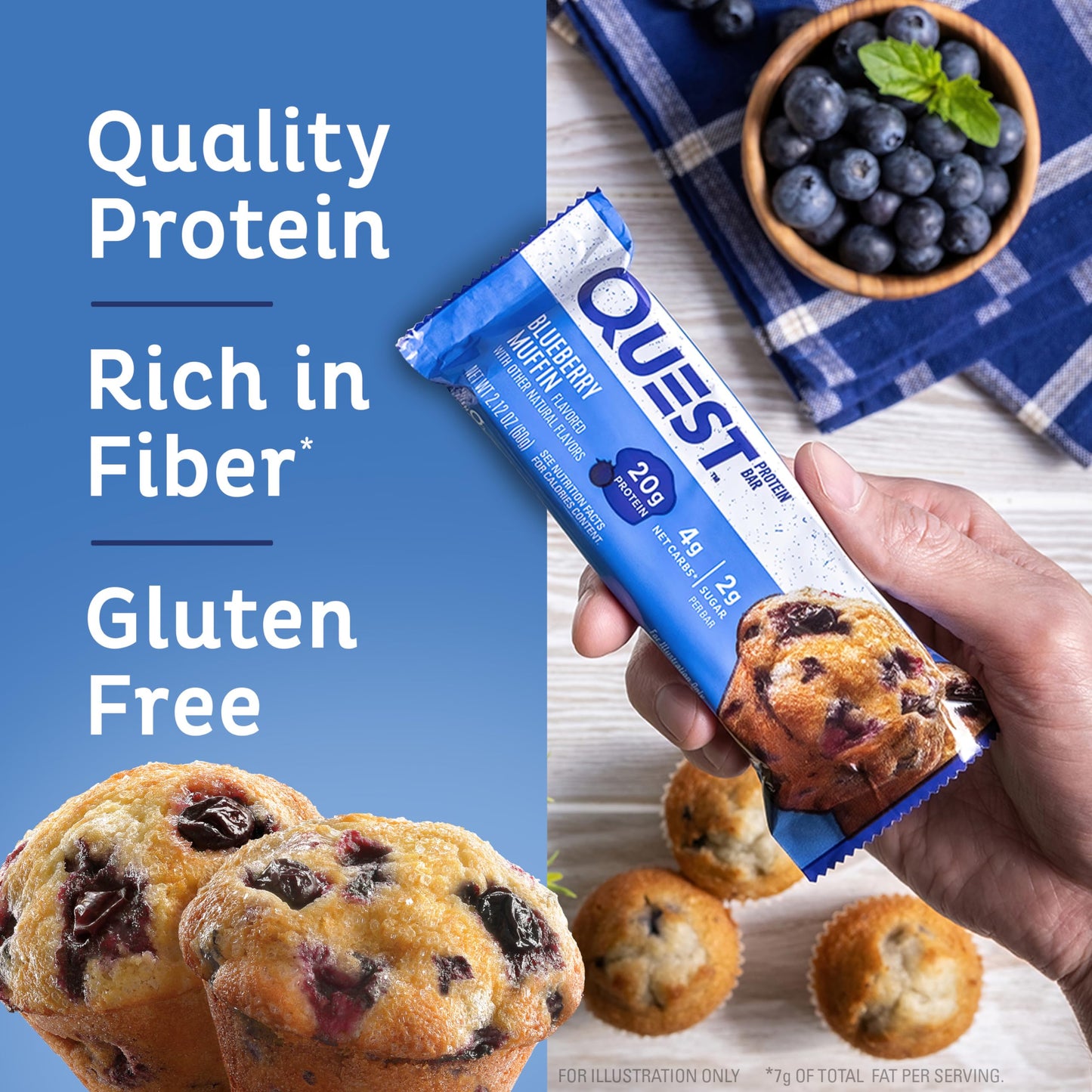 Quest Nutrition Blueberry Muffin Protein Bars, 20g Protein, 5g Net Carbs, Gluten Free, Keto Friendly, 4 Count