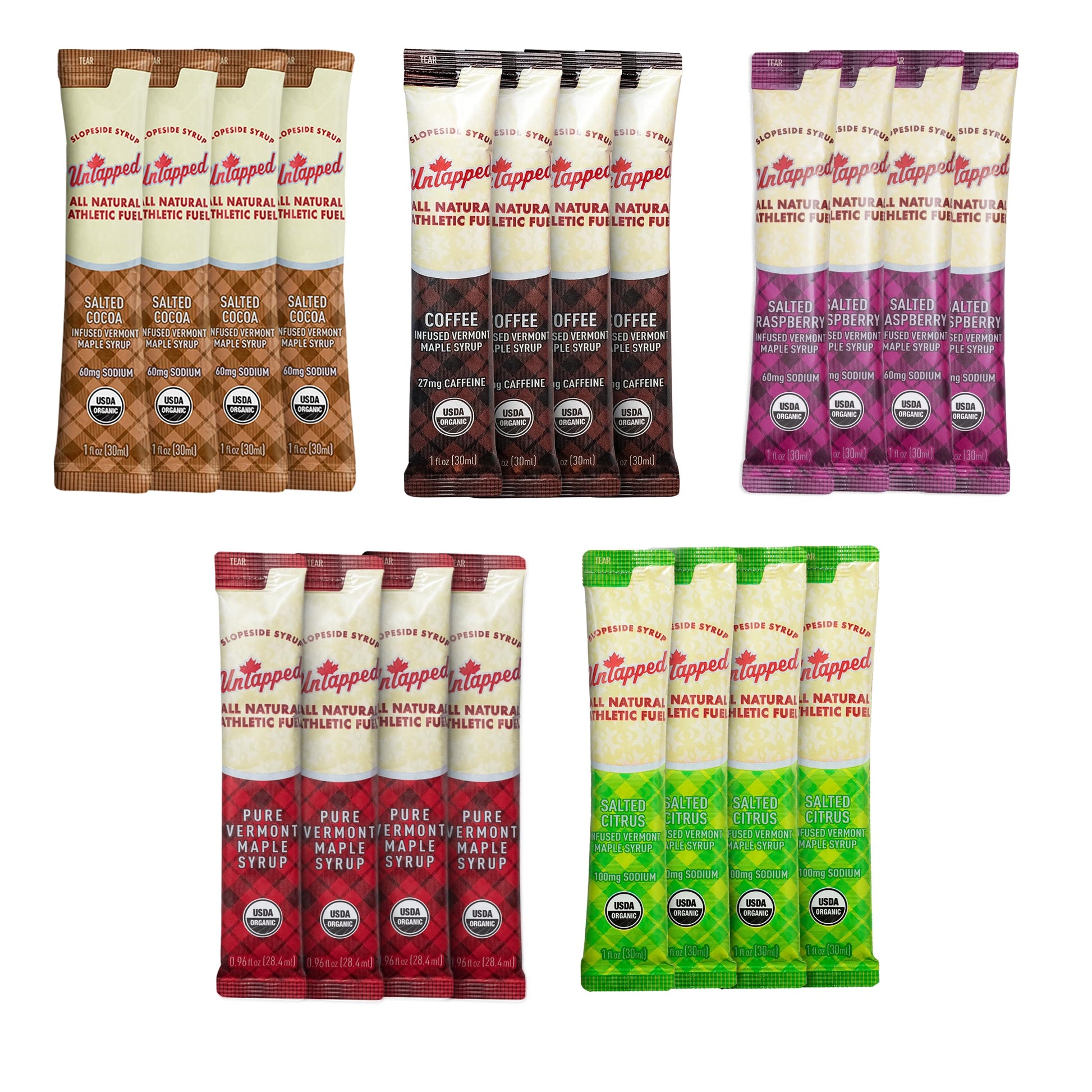 UnTapped Maple Syrup Energy Gels Pack of 20 | 5 All-Natural Flavors Including Coffee  Raspberry  Pure Maple  Citrus  & Cocoa | USDA Organic-Certified Maple Syrup for Long-Lasting Energy