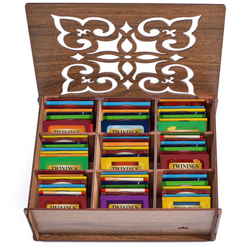 Twinings Tea Sampler Collection - 80 Tea Bags  22 Flavors/Assorted Tea  Gift Set In Decorative Bamboo Or Mdf Box - Tea Organizer Included - Ideal For Home  Office  Family & Friends (Walnut Mdf Box)