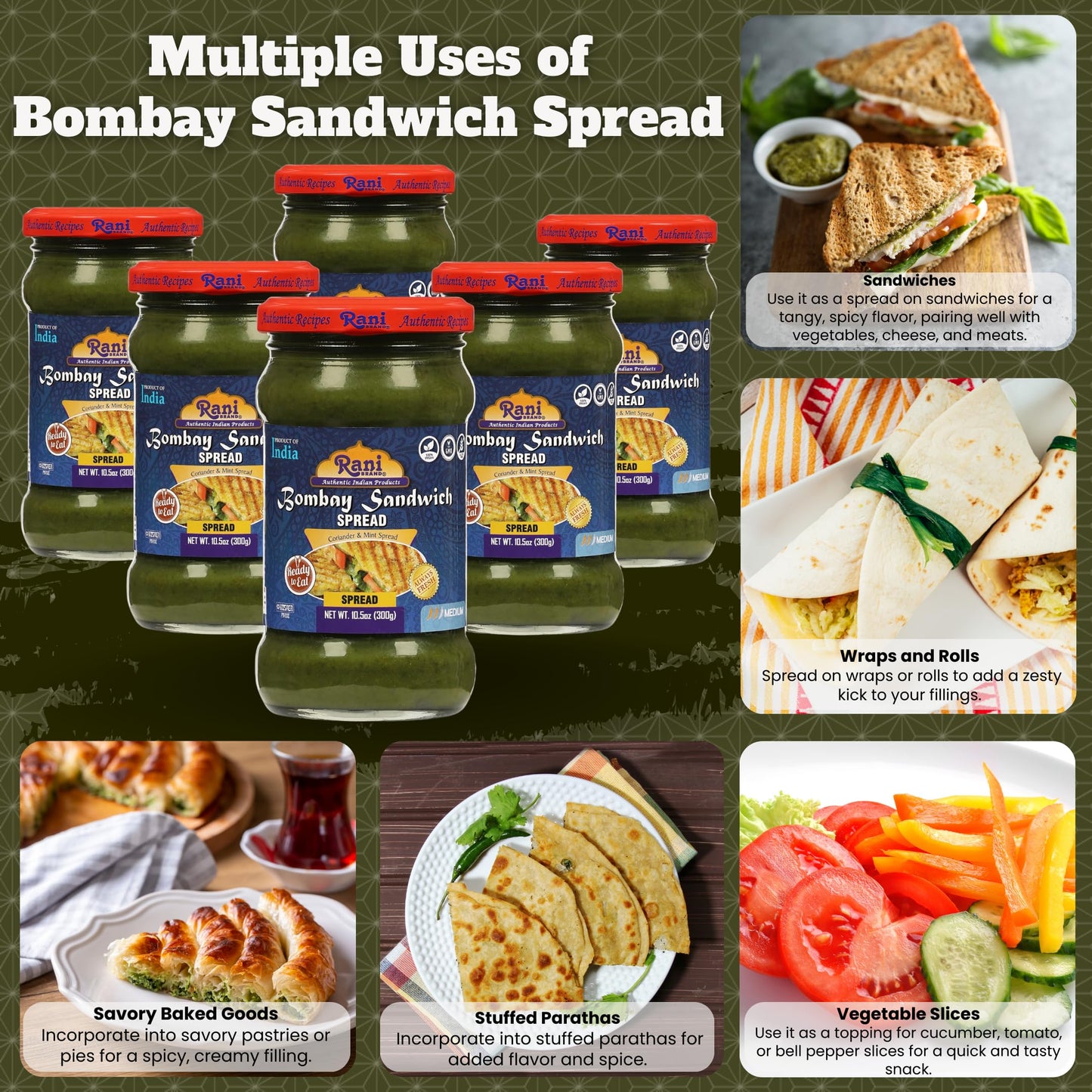 Rani Bombay Sandwich Spread, Mild (Mint & Coriander) 10.5Oz (300G) Glass Jar, Ready To Eat, Pack Of 5+1 Free ~ Vegan | Gluten Fr