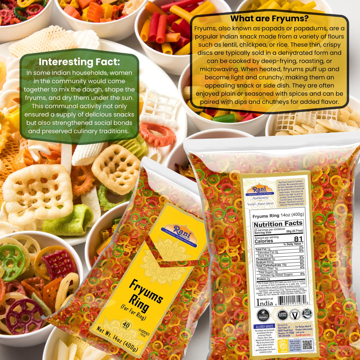 Rani Far Far Fryums - Vegan Wheat & Tapioca Snack, Ring Shape, 14oz (400g), Uncooked, Kosher