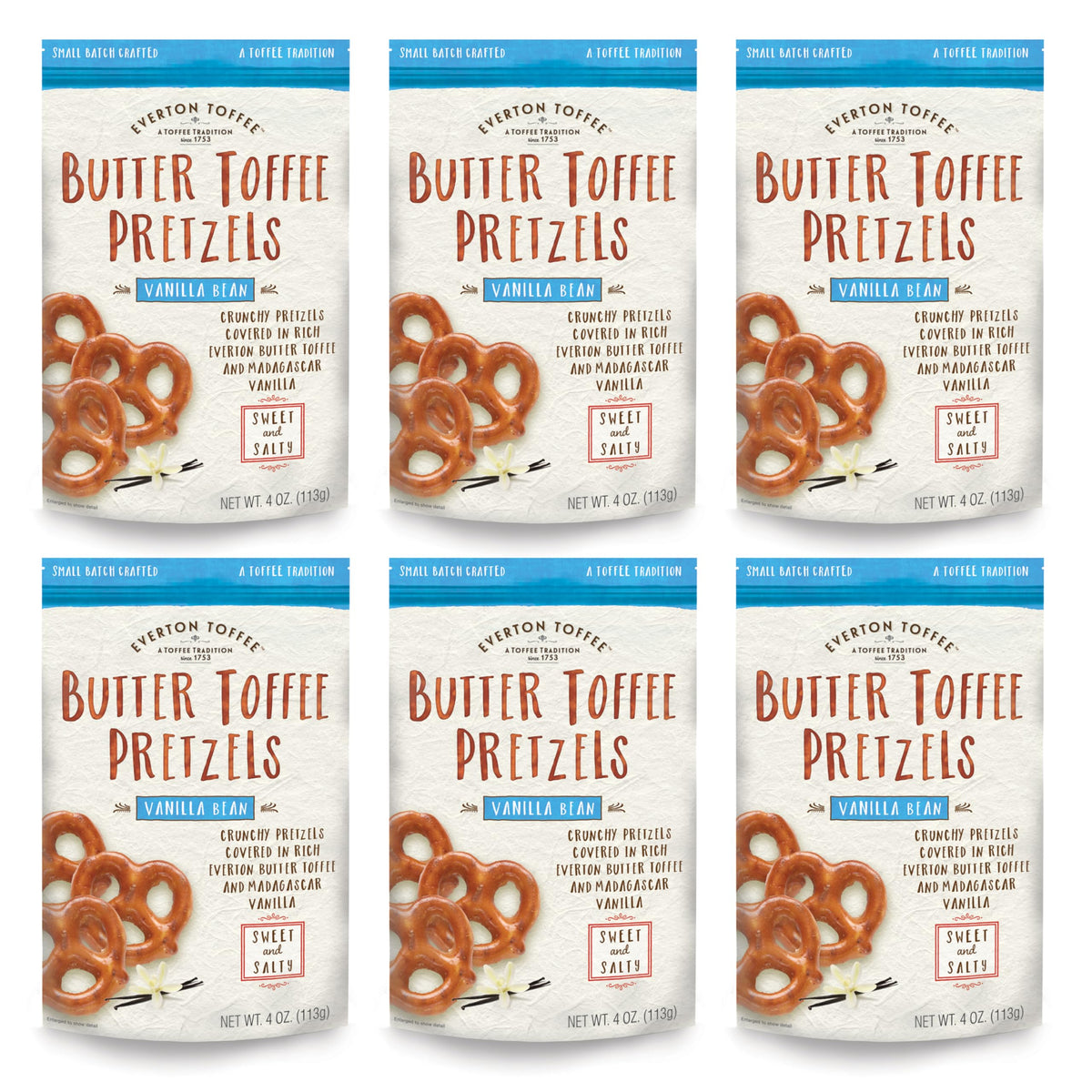 Everton Toffee Vanilla Bean Flavor Butter Toffee Pretzels, 6 Bags (4 oz Each), Sweet & Salty Gourmet Pretzel Snack, Small Batch 