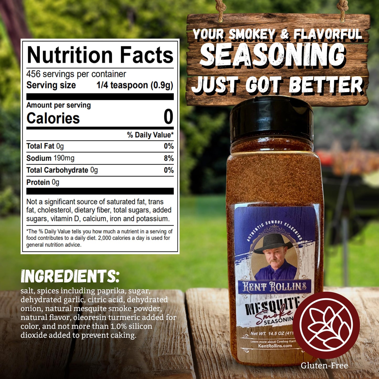 Kent Rollins Mesquite Smoke Seasoning - Gluten Free Meat Rub - Ancho Chile & Sweet Smoke Flavor - 14.5 oz
