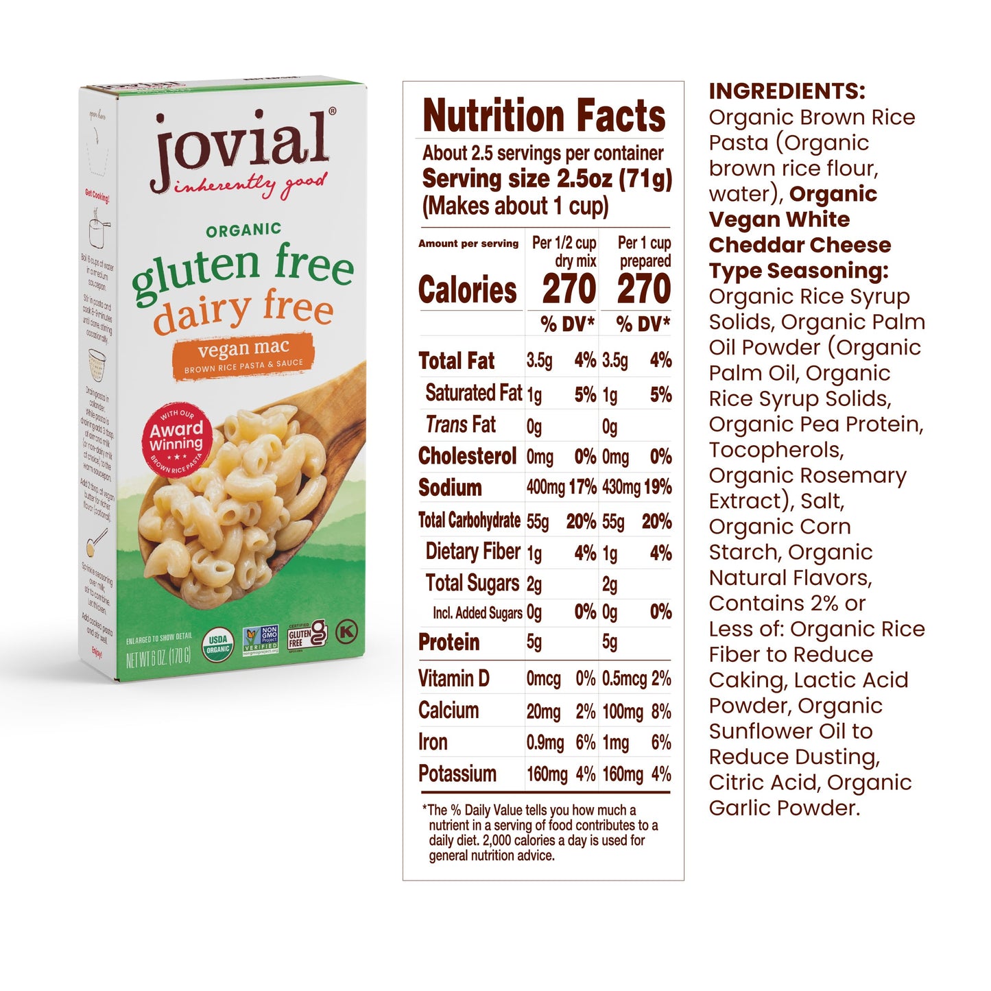 Jovial Organic Gluten Free Dairy Free Vegan Mac - Gluten Free Vegan Pasta, Whole Grain Pasta, Organic Pasta, Vegan Gluten Free Mac, Award Winning Taste, Made In Italy - 6 Oz, 6 Pack