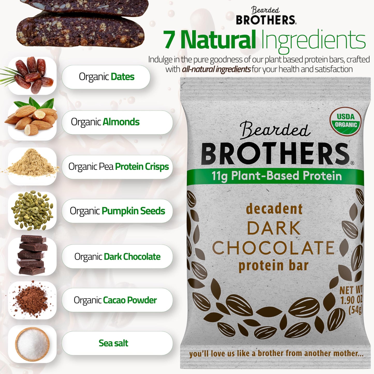 Bearded Brothers Organic Protein Bars, Dark Chocolate And Vanilla (10 Pack) - Plant Based Protein, Gluten Free, Vegan
