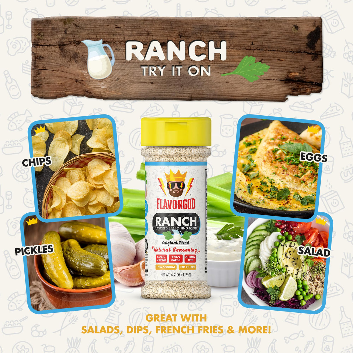 Flavor God Ranch Seasoning Mix, All Natural Spice Blend, 2 Pack, Vegan, Kosher, Low Sodium, Great for Chicken, Pizza, Salads, Vegetables
