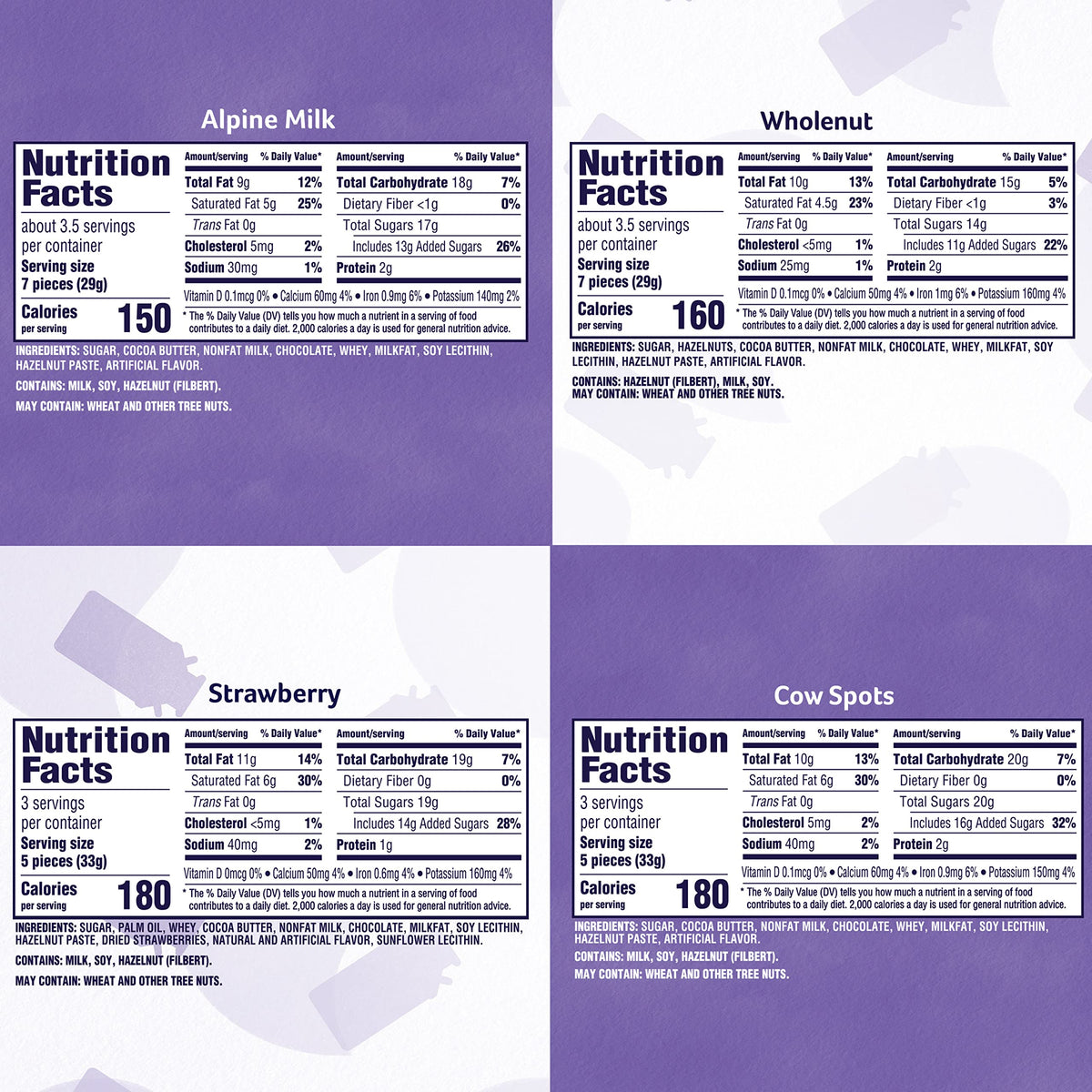 Milka Chocolate Bars Variety Pack, Alpine Milk, Cow Spots, Strawberry & Hazelnut, 10 Count