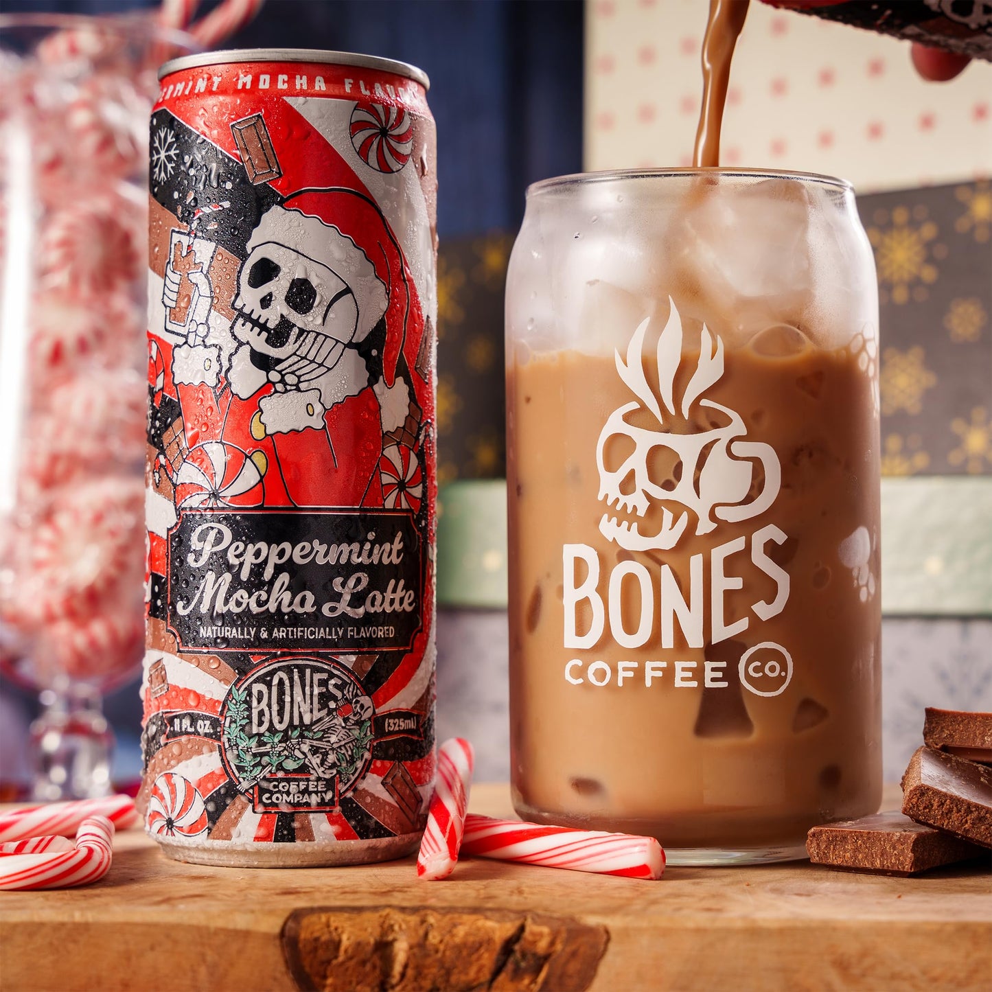 Bones Coffee Company Peppermint Mocha Latte Flavored Coffee  Medium Roast Ready To Drink Iced Coffee in Can  11 Fl Oz Can (12 Pack)