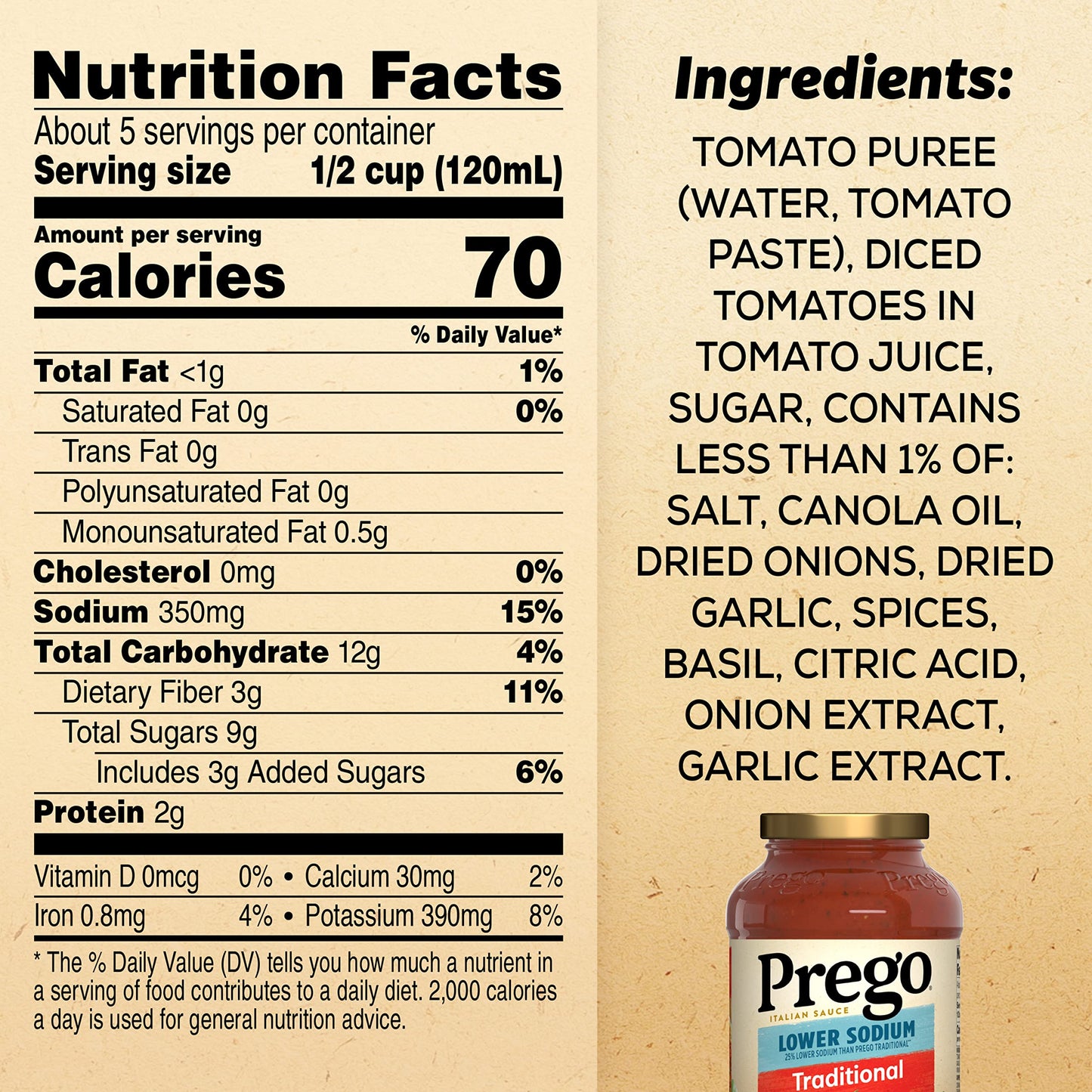 Prego Traditional Lower Sodium Pasta Sauce, 23.5 Oz Jar