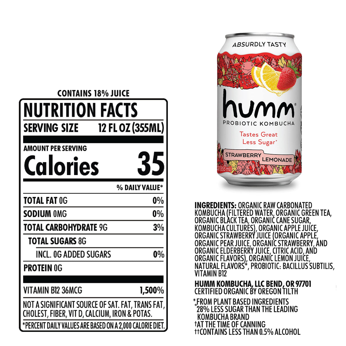 Humm Kombucha Strawberry Lemonade - Organic, Vegan & Gmo-Free (12 Pack)