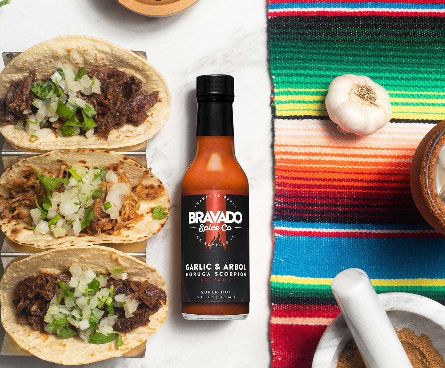 Bravado Spice Garlic and Arbol Moruga Scorpion Hot Sauce, Gluten Free, Vegan, Low Carb, 5 Fl Oz Bottle
