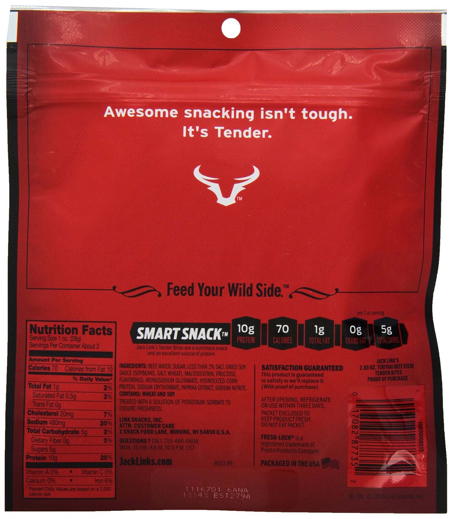 Jack Links Beef Steak Tender Bites, Teriyaki, 2.85 oz, Pack of 4