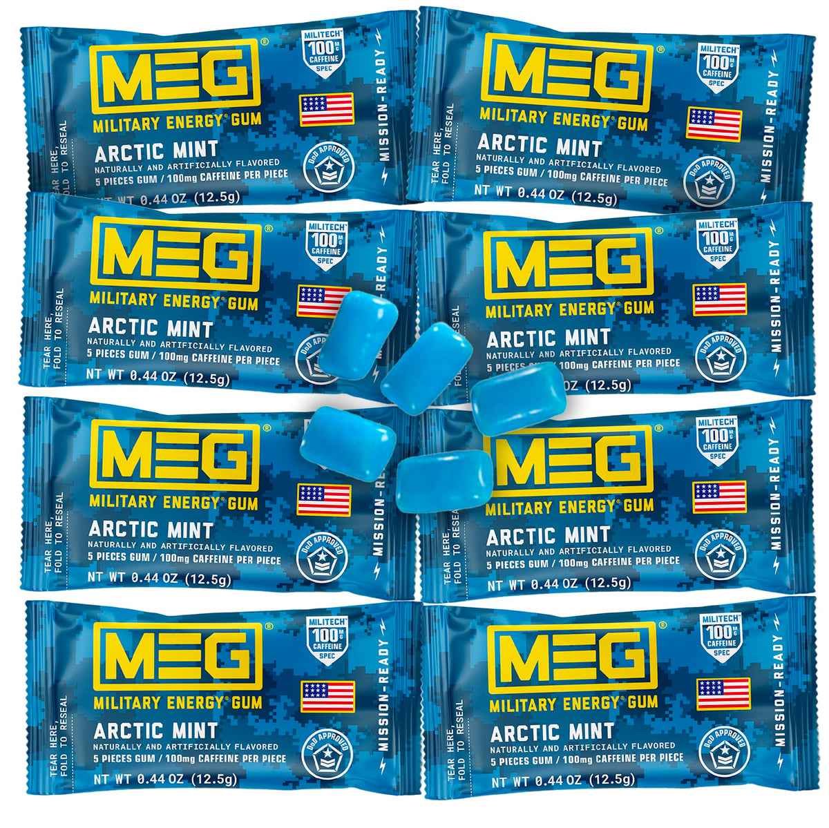 MEG Military Energy Gum - Arctic Mint, 100mg Caffeine per Piece, 8 Pack (40 Count)