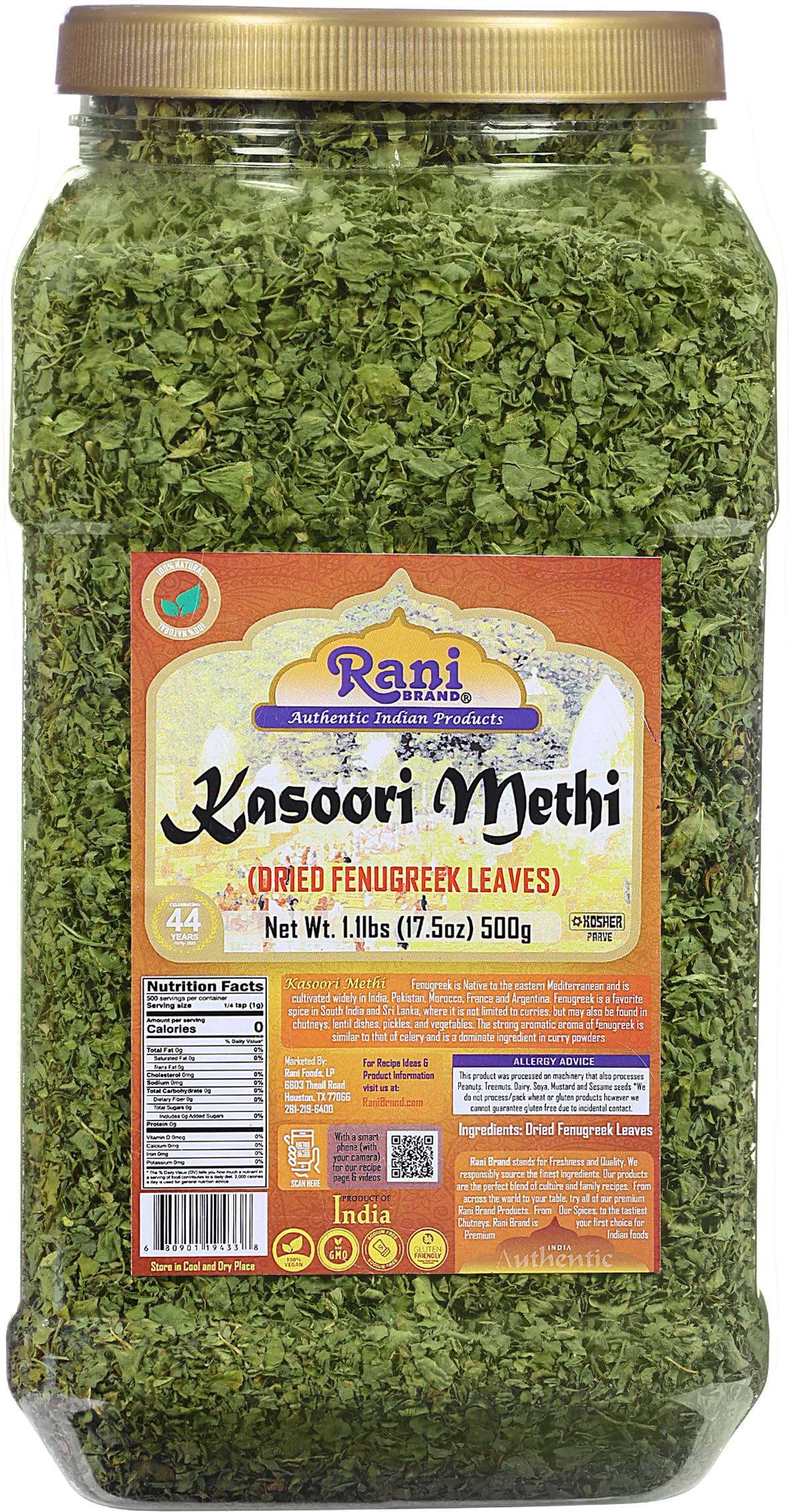 Rani Fenugreek Leaves Dried (Kasoori Methi) 17.5oz (1.1lbs) 500g Bulk PET Jar ~ All Natural | Vegan | Gluten Friendly | NON-GMO 