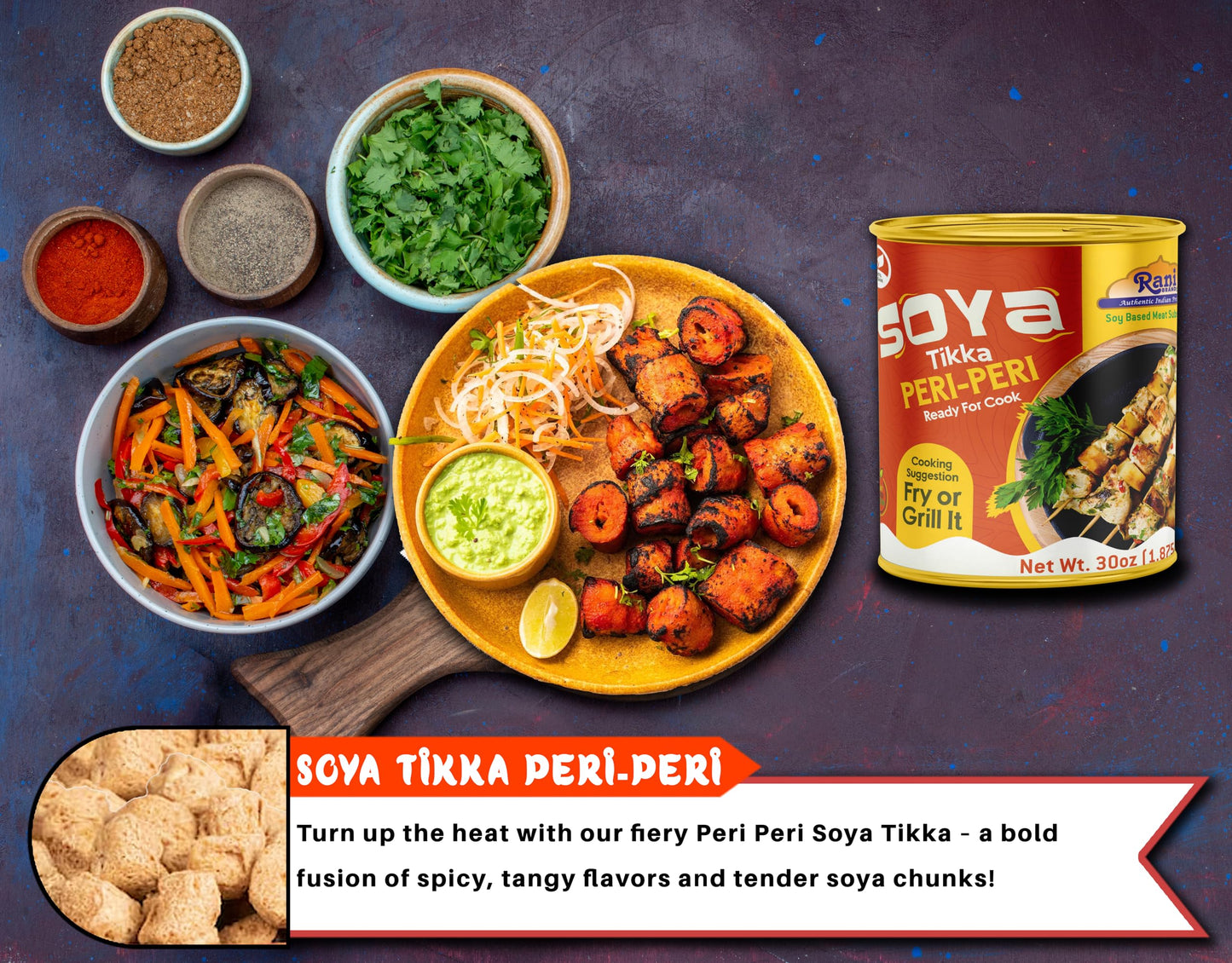 Rani Soya Tikka Peri-Peri 30Oz (1.875Lbs) 850G, Pack Of 2, Ready For Cook ~ Easy Open Lid | All Natural | Vegan | No Colors | No