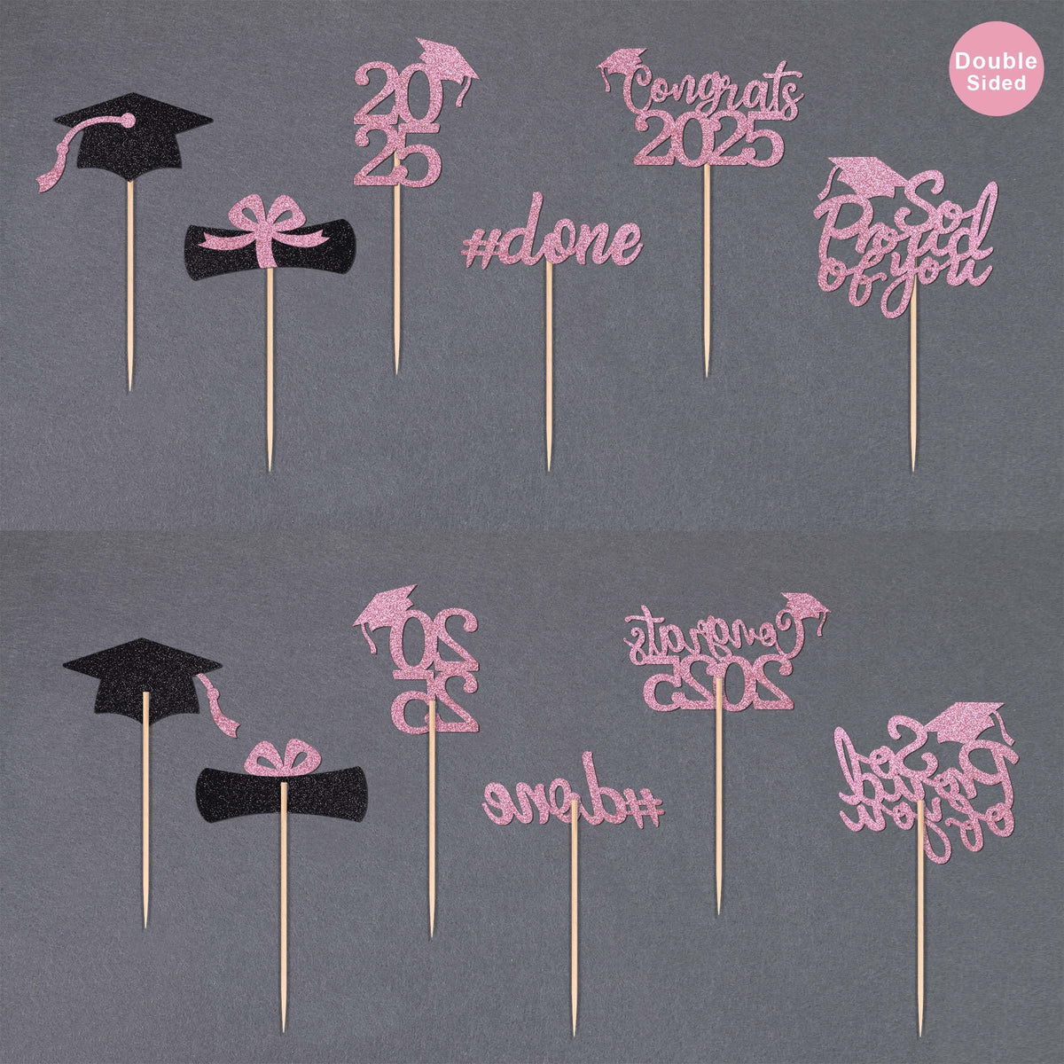 Gexolenu 36 Pcs Class Of 2025 Graduation Cupcake Toppers, Pink Glitter Double-Sided Grad Cap Cake Picks For Party Supplies, Deco