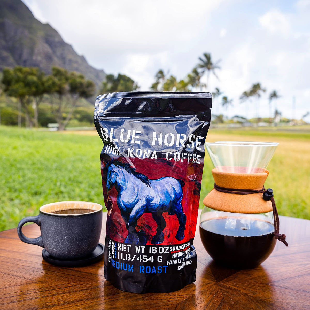 Blue Horse 100% Kona Coffee (Ground)  Medium Roast Arabica coffee  16 oz (1 lb) Bag  Farm Fresh  Authentic Hawaiian Coffee from the Big Island  Smooth & Bold Flavor  Hand-Picked & Sun-Dried for Rich Aroma