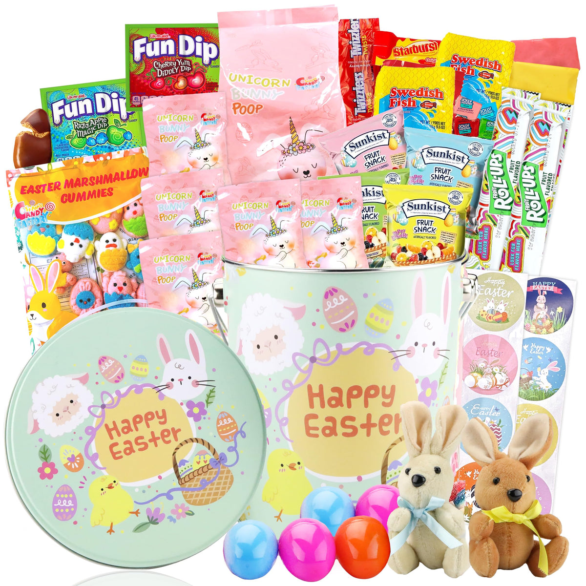 Easter Snack Green Tin Basket (60 Count) Filled with Candy with Bunny, Great Package for Family, Friends, Kids, Boys and Girls