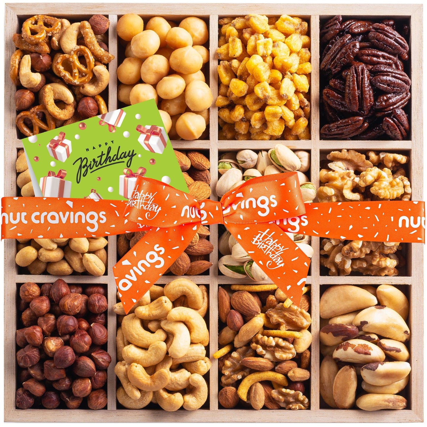 NUT CRAVINGS Gourmet Collection - Happy Birthday   Nuts Gift Basket with Bday Ribbon in Reusable Wooden Tray (12 Assortments) Food Arrangement  Healthy Snack Care Package  Food Assortments