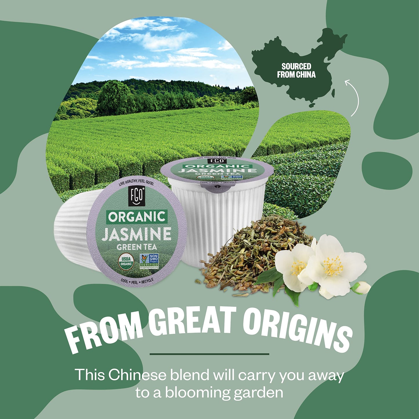 Organic Jasmine Tea K-Cup Pods  24 Pods by FGO - Keurig Compatible - Naturally Occurring Caffeine  enhanced Jasmine Green Tea is USDA Organic  Non-GMO  & Recyclable