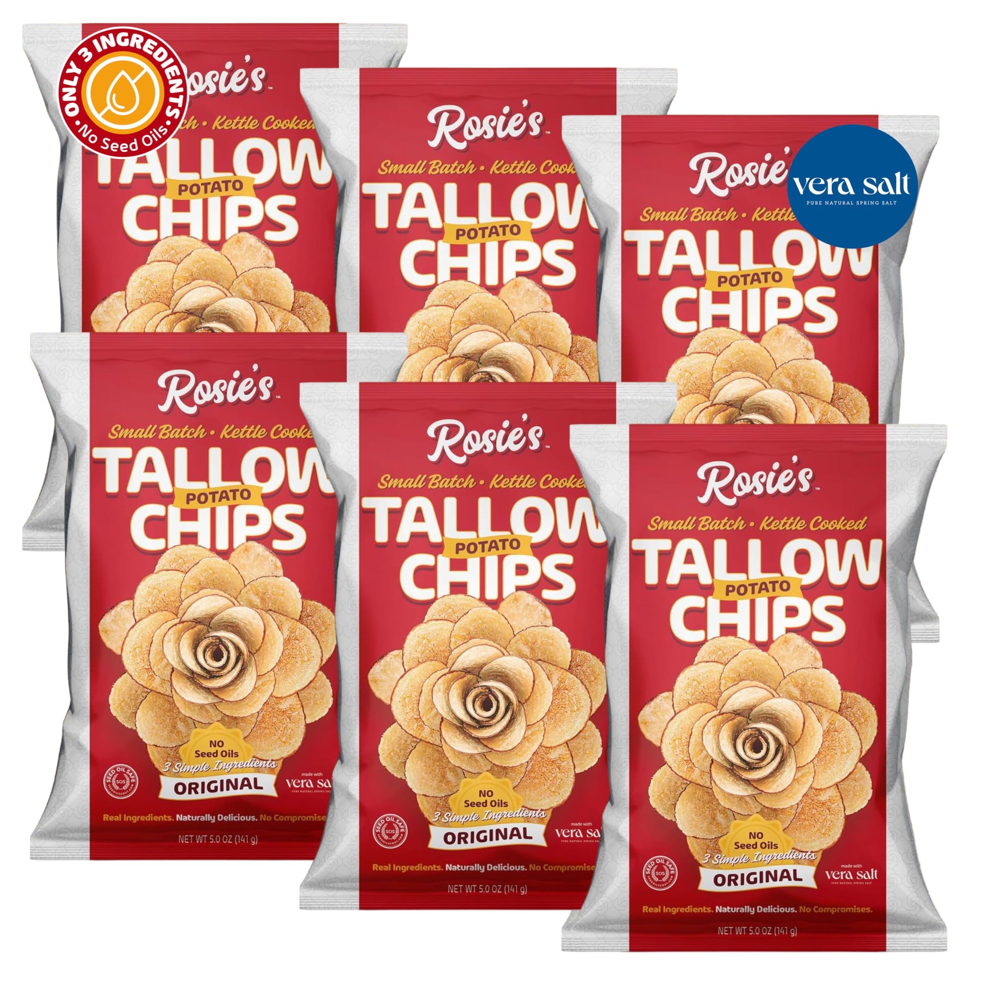 ROSIES CHIPS Kettle Cooked Potato Chips - Non-GMO, 5oz Bags, 6 Pack - Made with Grass Fed Beef Tallow, Sea Salt, Oil Free Snacks