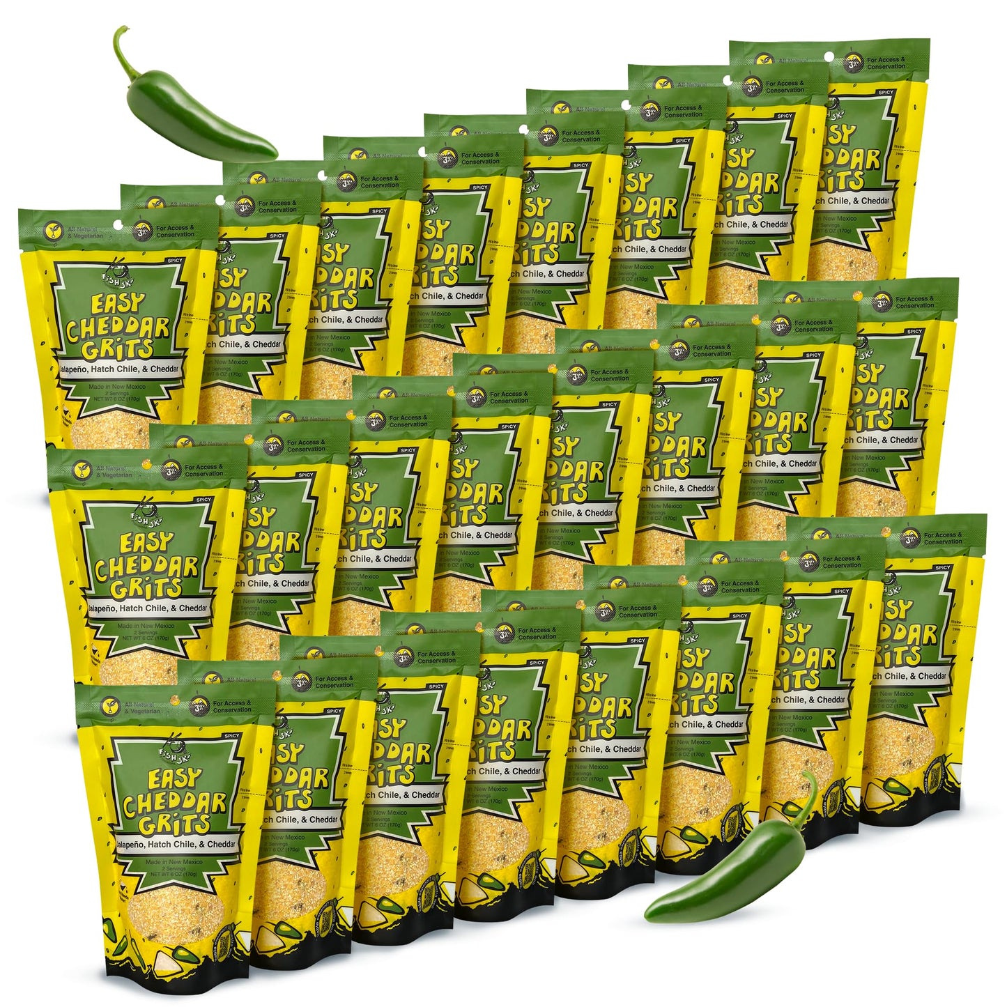 Jalapeno Yellow Corn Grits with Cheddar Cheese + Hatch Green Chile + Garlic, by FishSki Provisions, 6 oz bags, 24 pack