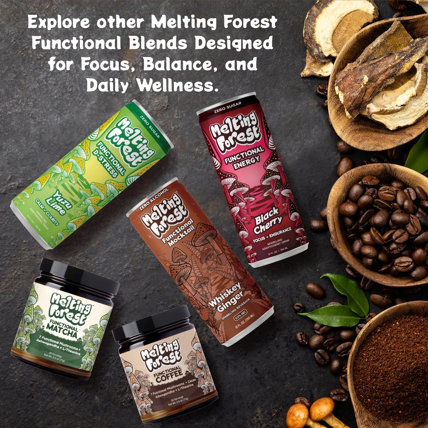 Melting Forest Mushroom Coffee  with 7 Functional Mushrooms  Cacao  Rhodiola  L-Theanine  Reishi & Lions Mane  Stress Relieving  Focus  Cognitive Function & Mental Clarity (30 Servings)