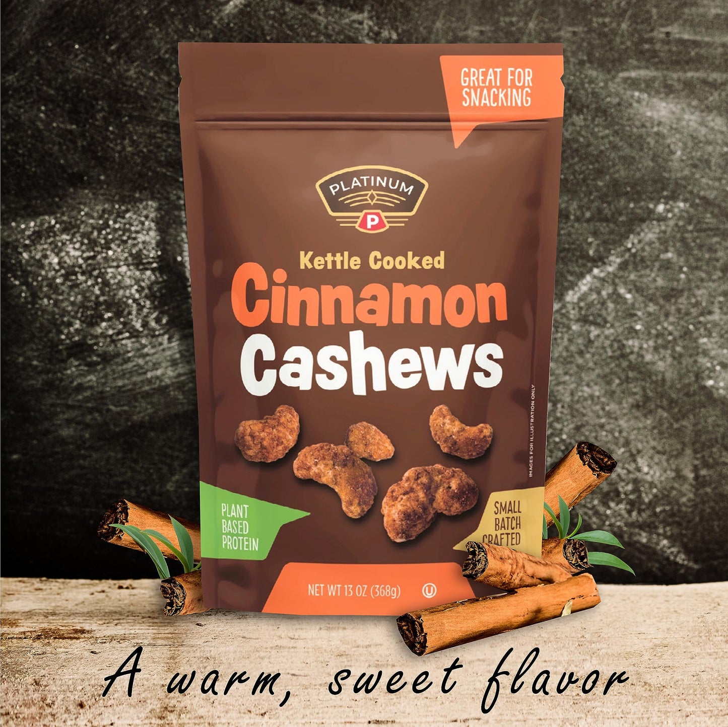 Platinum Kettle Cooked Cinnamon Cashews - Plant Based Protein - 13 oz Resealable Pouch