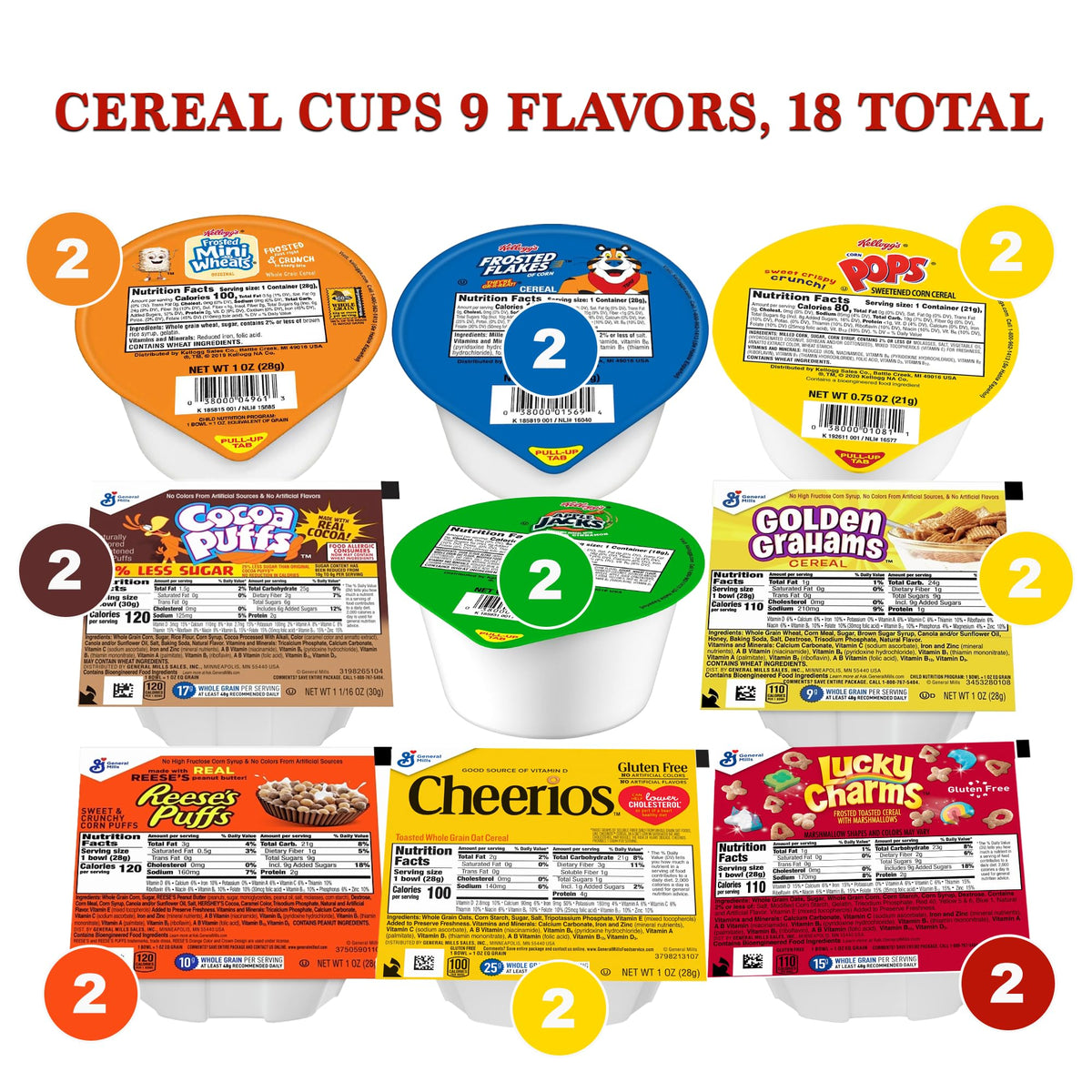 Individual Cereal Cups Variety 18 Pack- 2 Cups Each Of 9 Flavors Gift Basket Care Package By Rebel Smuggling Galactic Emporium
