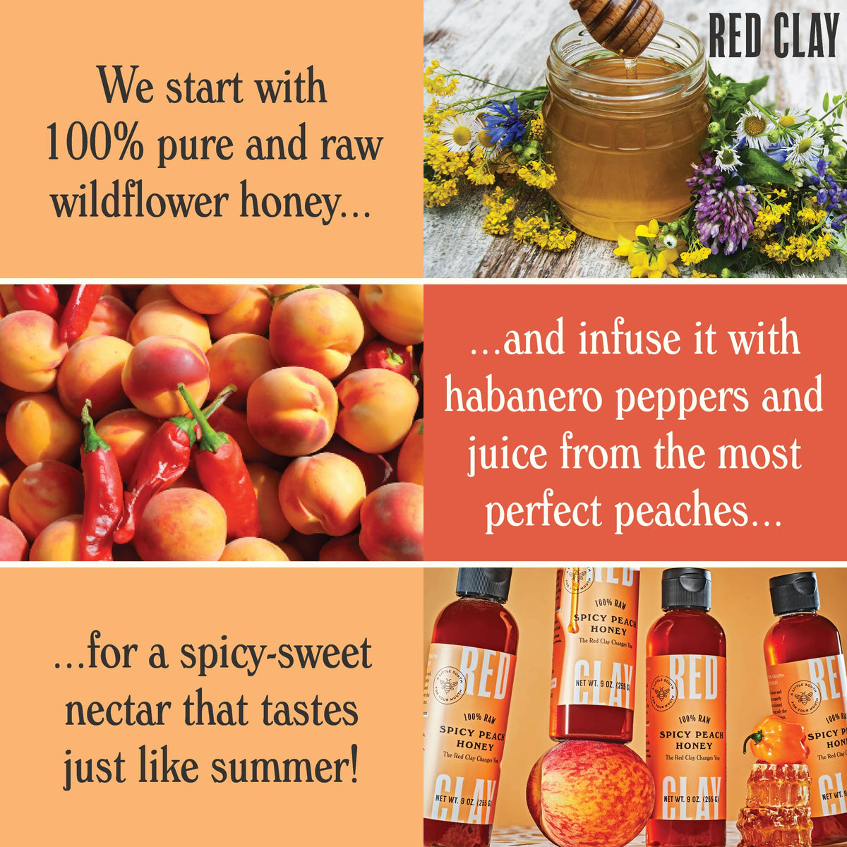 Hot Spicy Peach Honey by Red Clay Hot Sauce, Gluten Free, Paleo Friendly, Raw Wildflower Honey Infused with Real Peach Juice and