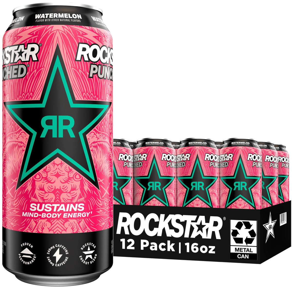 Rockstar Energy Drink Punched Watermelon, 16oz Cans (12 Pack) (Packaging May Vary)
