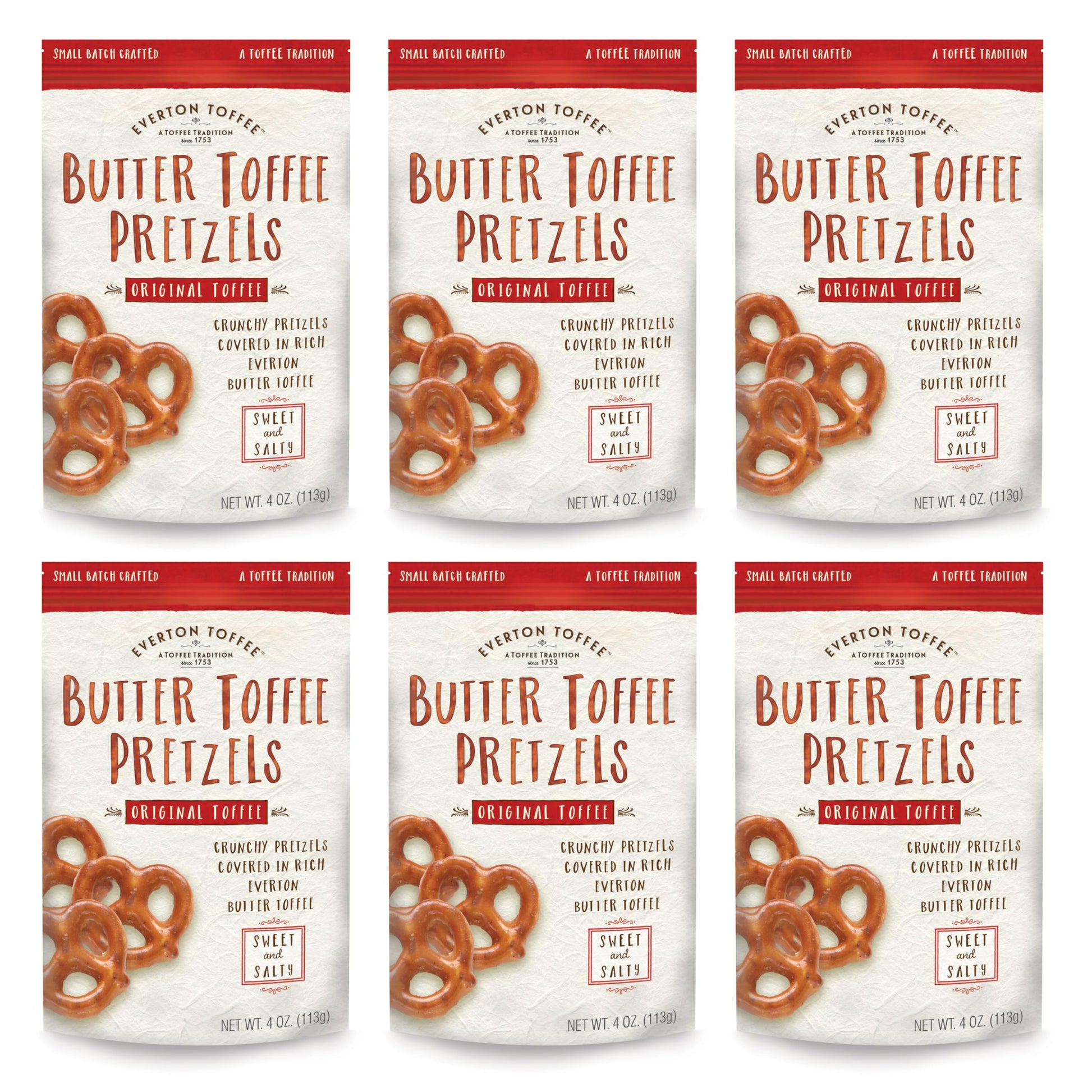 Everton Toffee Butter Toffee Pretzels, Original Toffee Flavor (4 oz. bag, 6-pack), Gourmet Artisan Toffee Covered Pretzels, Swee
