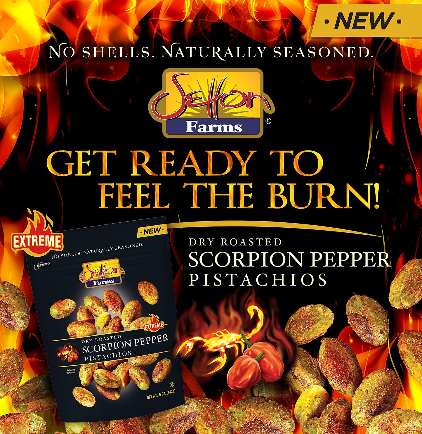 Setton Farms No Shell Pistachios, Scorpion Pepper Flavor, 5 oz, Pack of 8, Non-GMO, Gluten Free, Vegan, Kosher, Natural