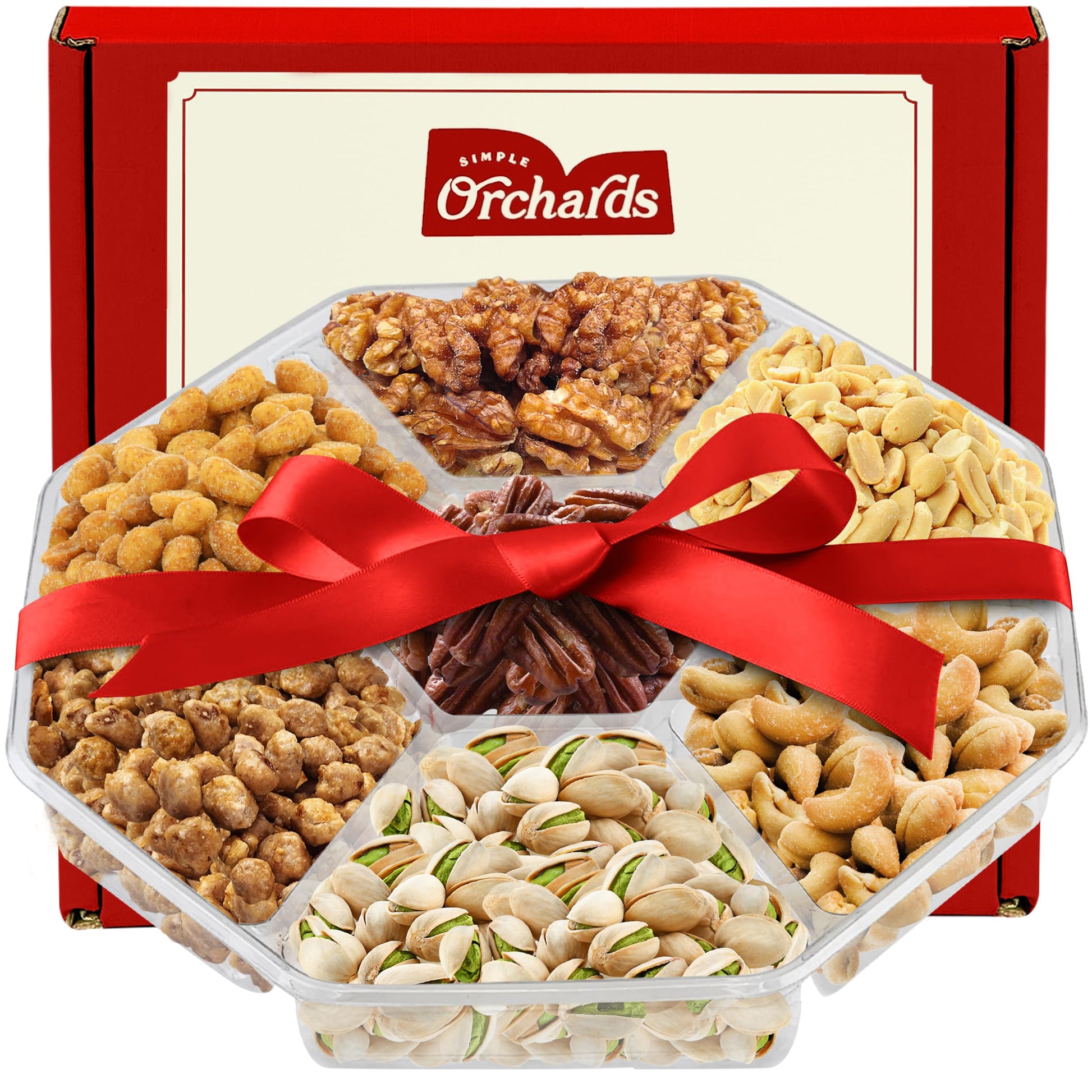 Simple Orchards Gourmet Nuts Gift Basket - 7 Sectional Platter - Red Box - Perfect for Mothers Day, Birthdays, Sympathy