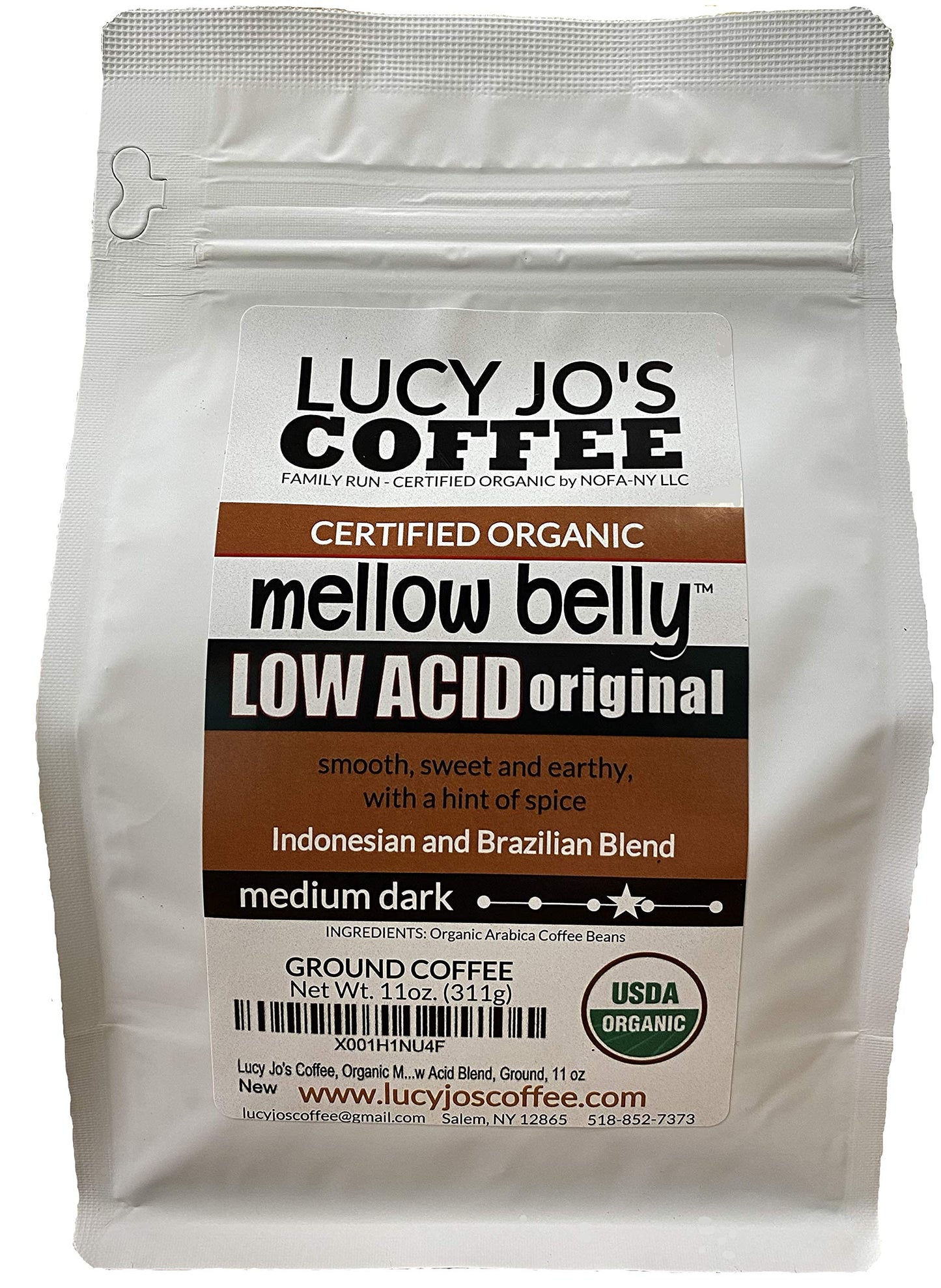 Lucy Jos Coffee Roastery Organic Mellow Belly Low Acid Blend, Medium Dark Ground Coffee, 11 oz, Silver